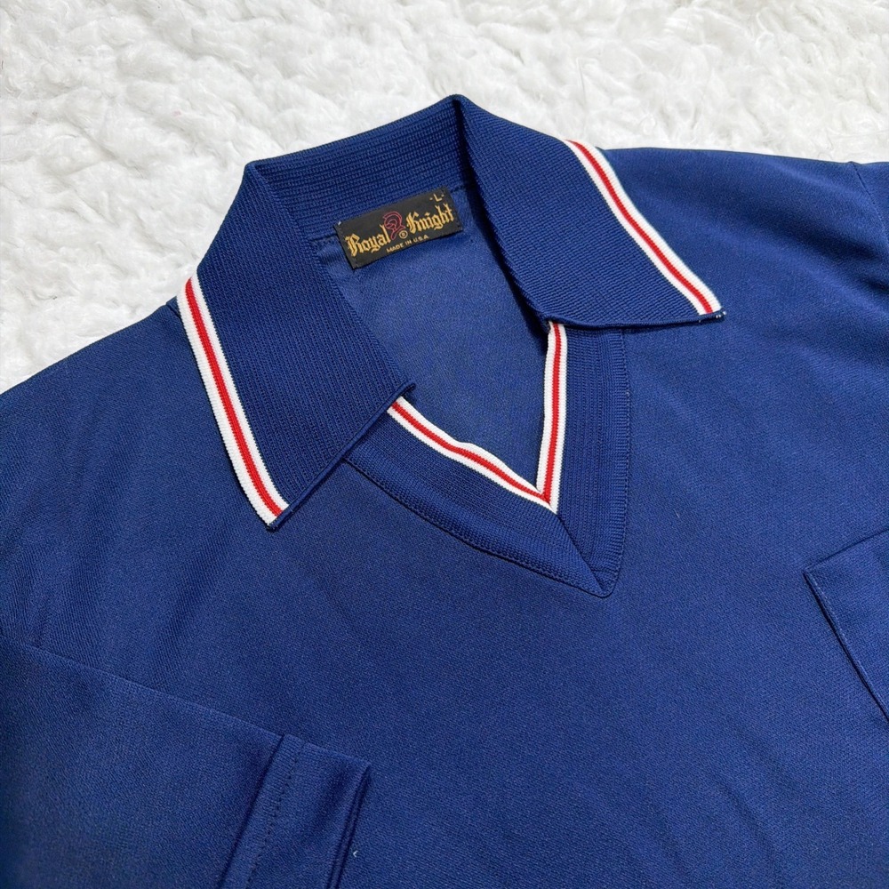 Vintage 1970's Polo Shirt Royal Knight DISCO Mens L Blue Retro POINT LAPEL Rare!